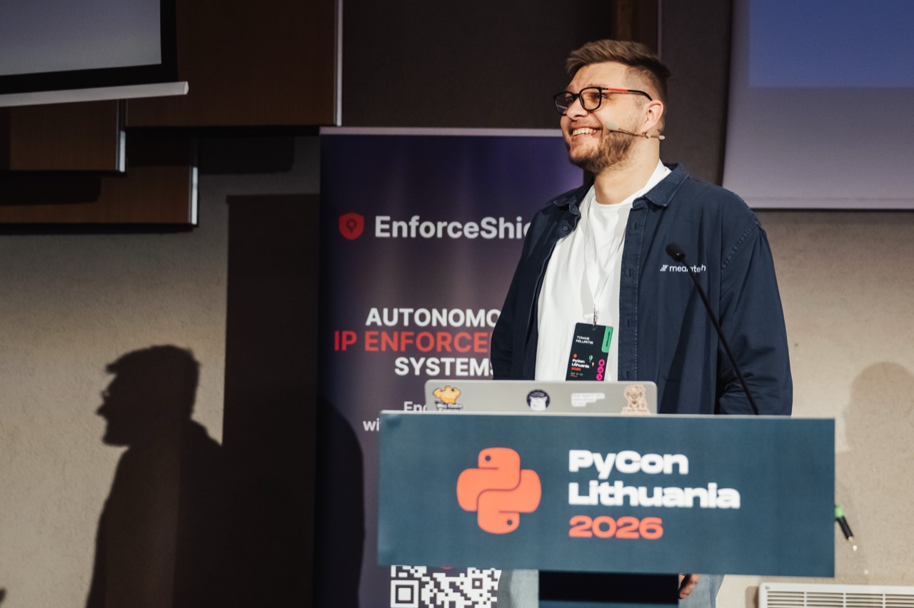 Tomas Peluritis speaking at PyCon Lithuania 2026 keynote